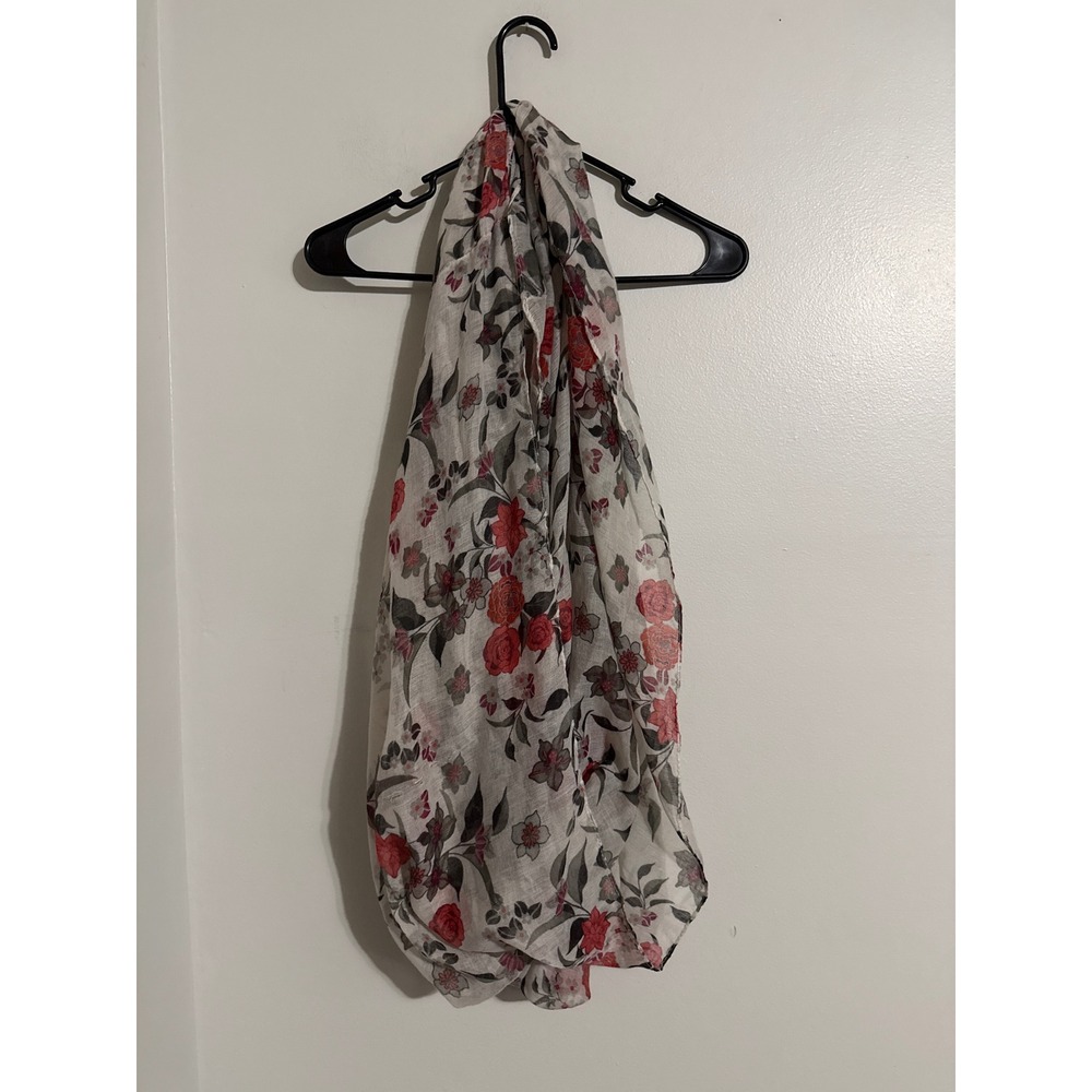 Red Floral Rose Infinity Scarf Lightweight Sheer White Grey Loop Scarf RN 86183